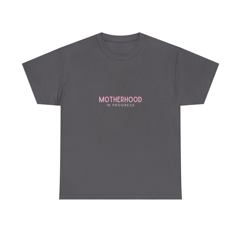Maternity heavy cotton tee in charcoal gray with small pink “Motherhood in Progress” print