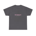 Maternity heavy cotton tee in charcoal gray with small pink “Motherhood in Progress” print