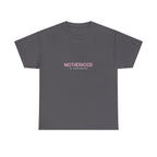 Maternity heavy cotton tee in charcoal gray with small pink “Motherhood in Progress” print