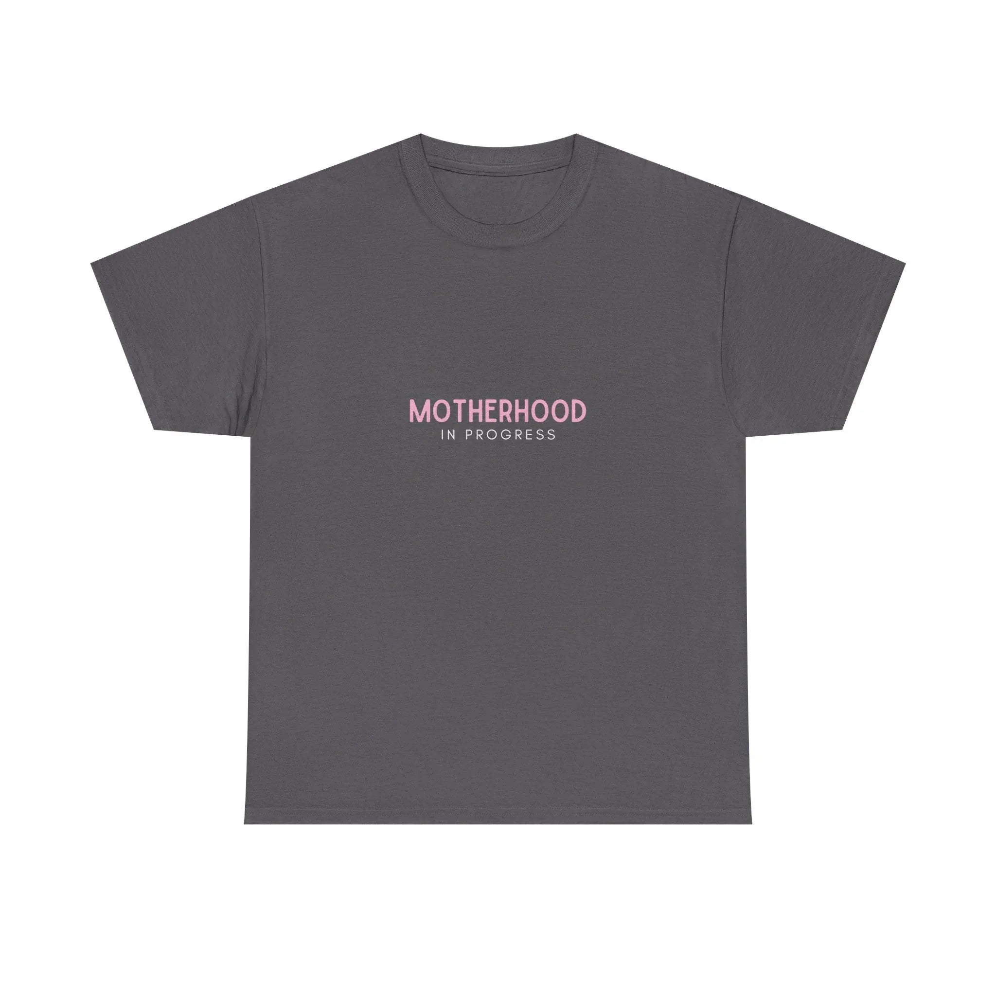 Maternity heavy cotton tee in charcoal gray with small pink “Motherhood in Progress” print