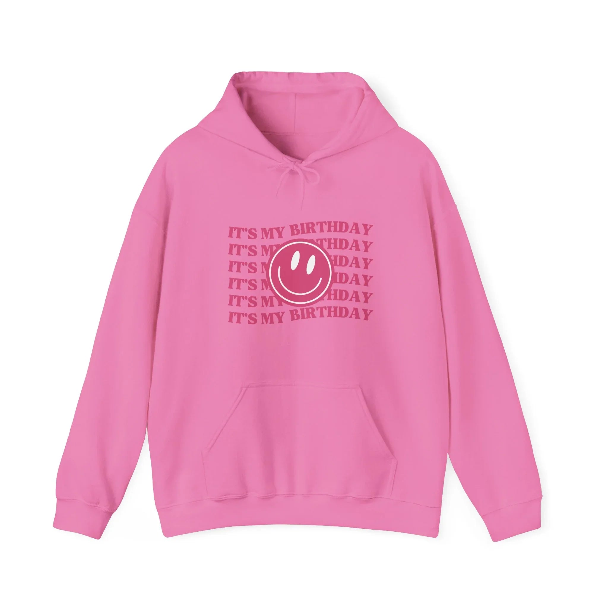 Pink hooded sweatshirt with kangaroo pocket and birthday graphic front print