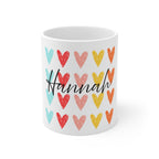 Personalized mug with multicolor heart pattern and cursive name “Hannah”