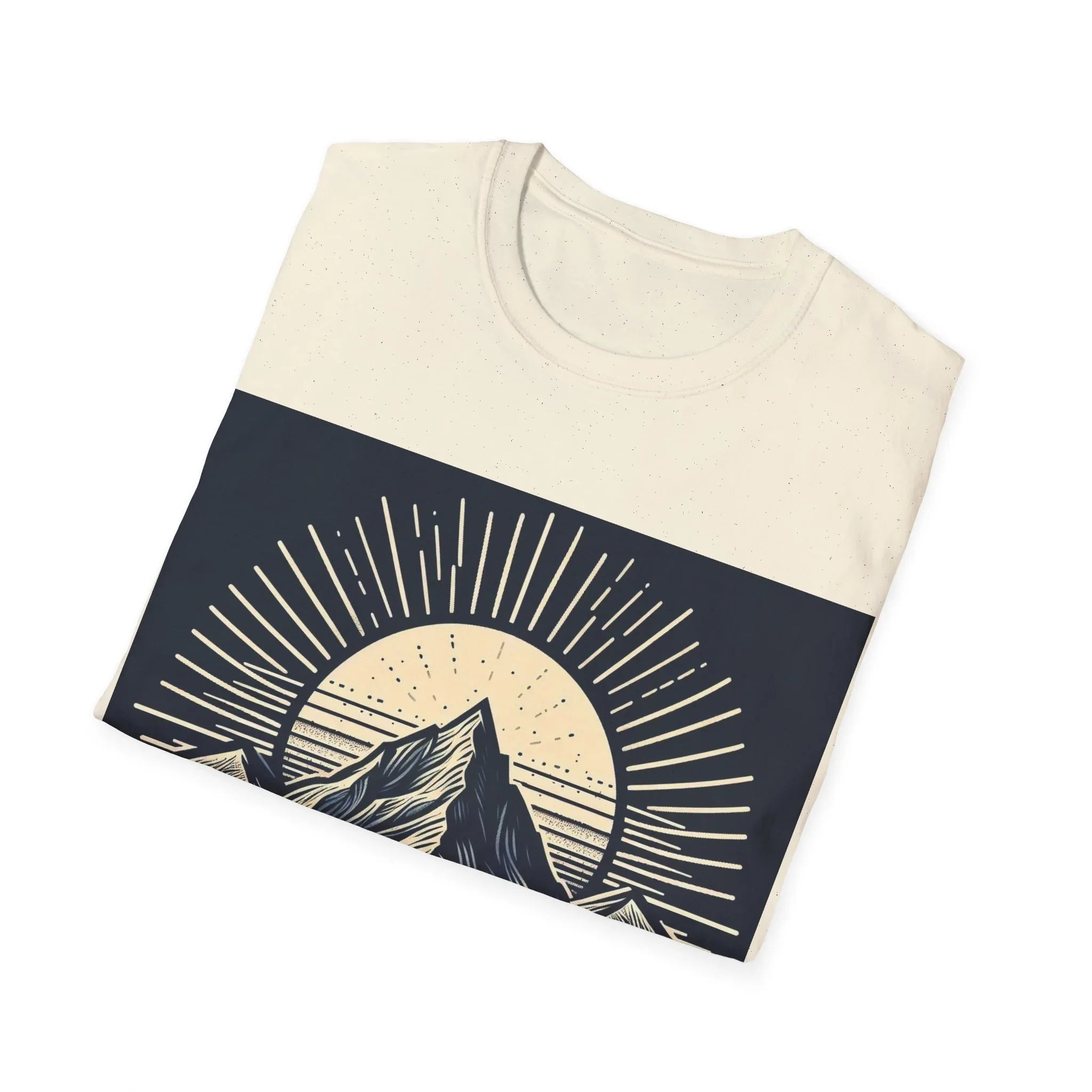 Cream short-sleeve T-shirt with mountain sunrise “RISE ABOVE” graphic