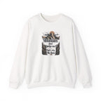 White crewneck sweatshirt with front mountain quote graphic print