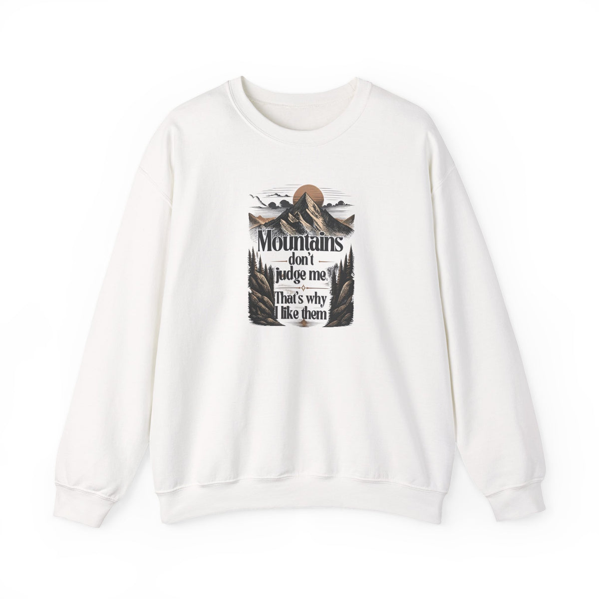 White crewneck sweatshirt with front mountain quote graphic print