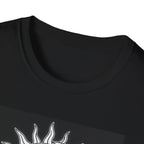 Black T-shirt close-up of crew neck and sun/moon emblem print