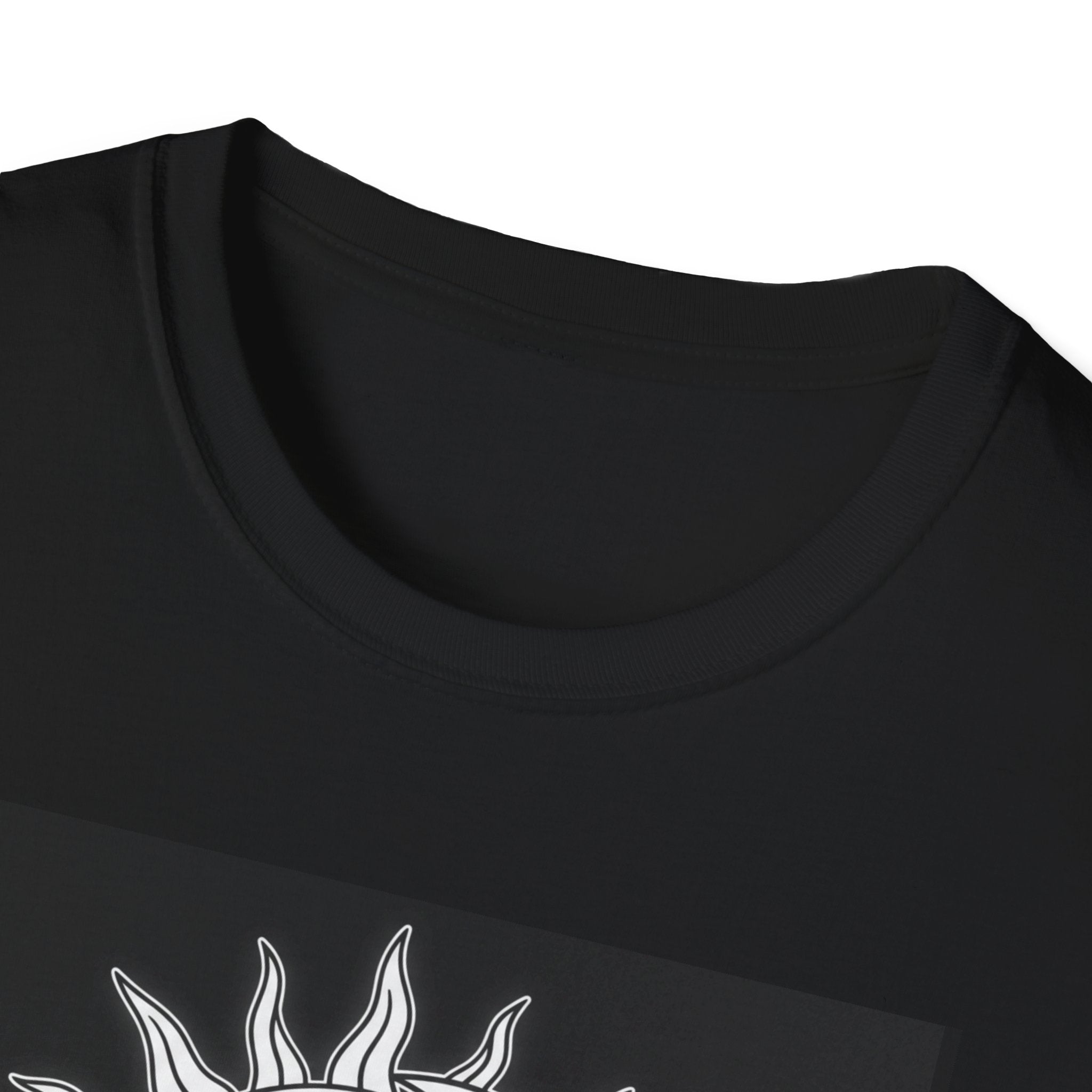 Black T-shirt close-up of crew neck and sun/moon emblem print