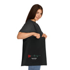 Black personalized rose tote bag with red rose print and 'Katie&Jake' text