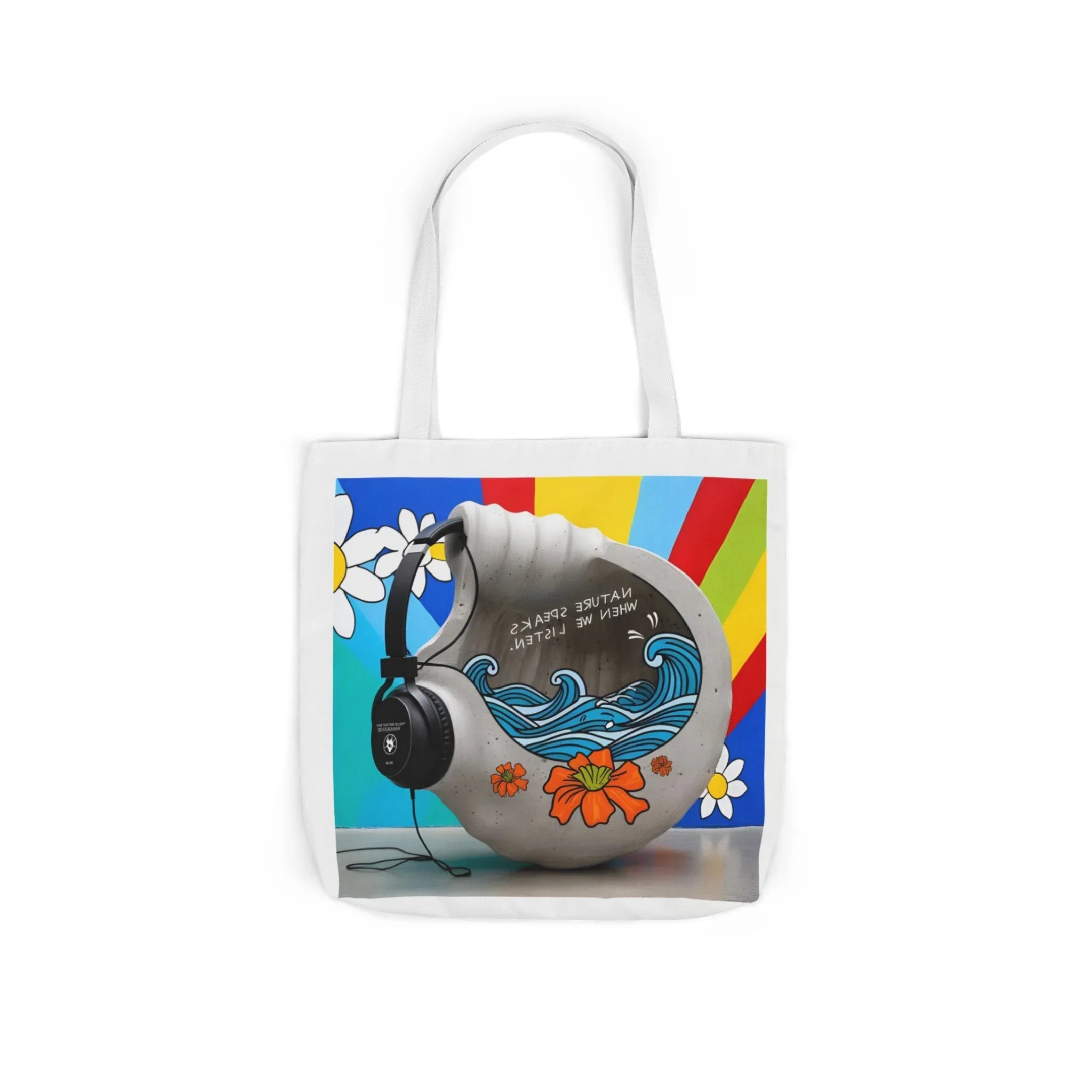 White tote bag with headphones and ocean wave graphic, white handles