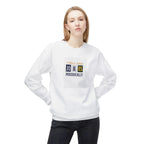 White sweatshirt on model with 'I Tell Dad Jokes Periodically' chest graphic