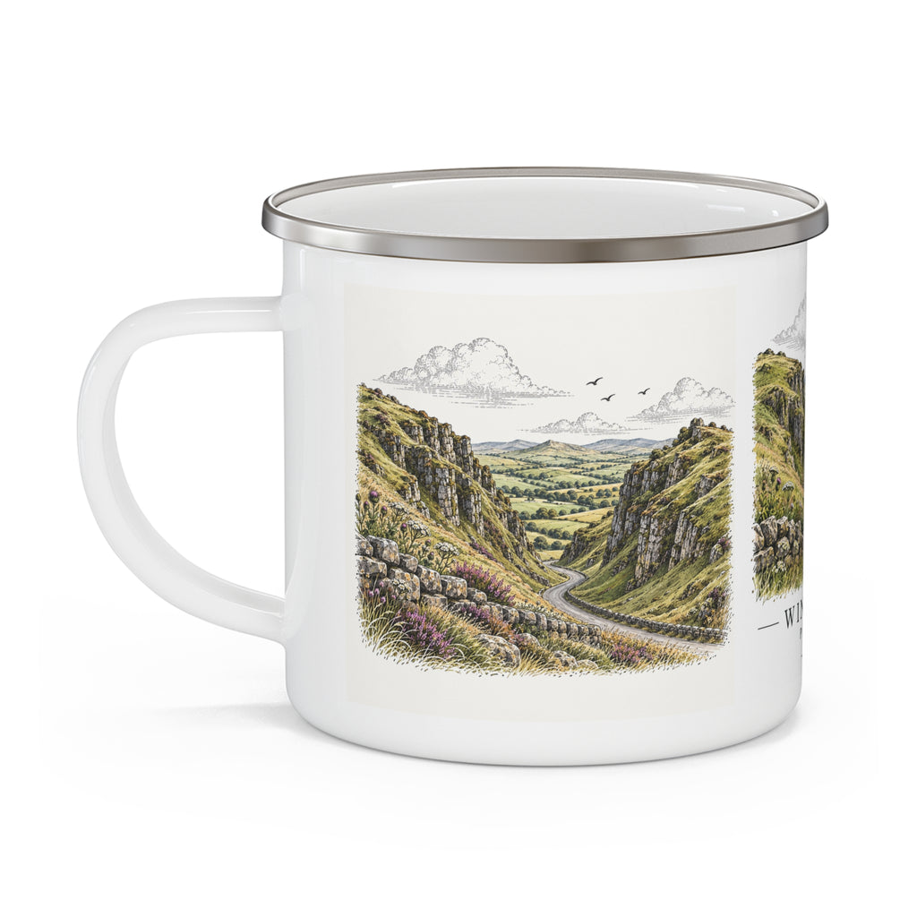 White enamel mug with silver rim, Winnats Pass landscape print on the side.