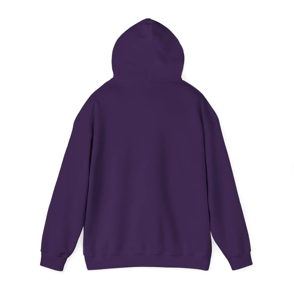 Purple hoodie with hood, front pocket, and duck pose graphic