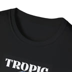 Black T-shirt close-up of neckline and partial "TROPIC" graphic print.