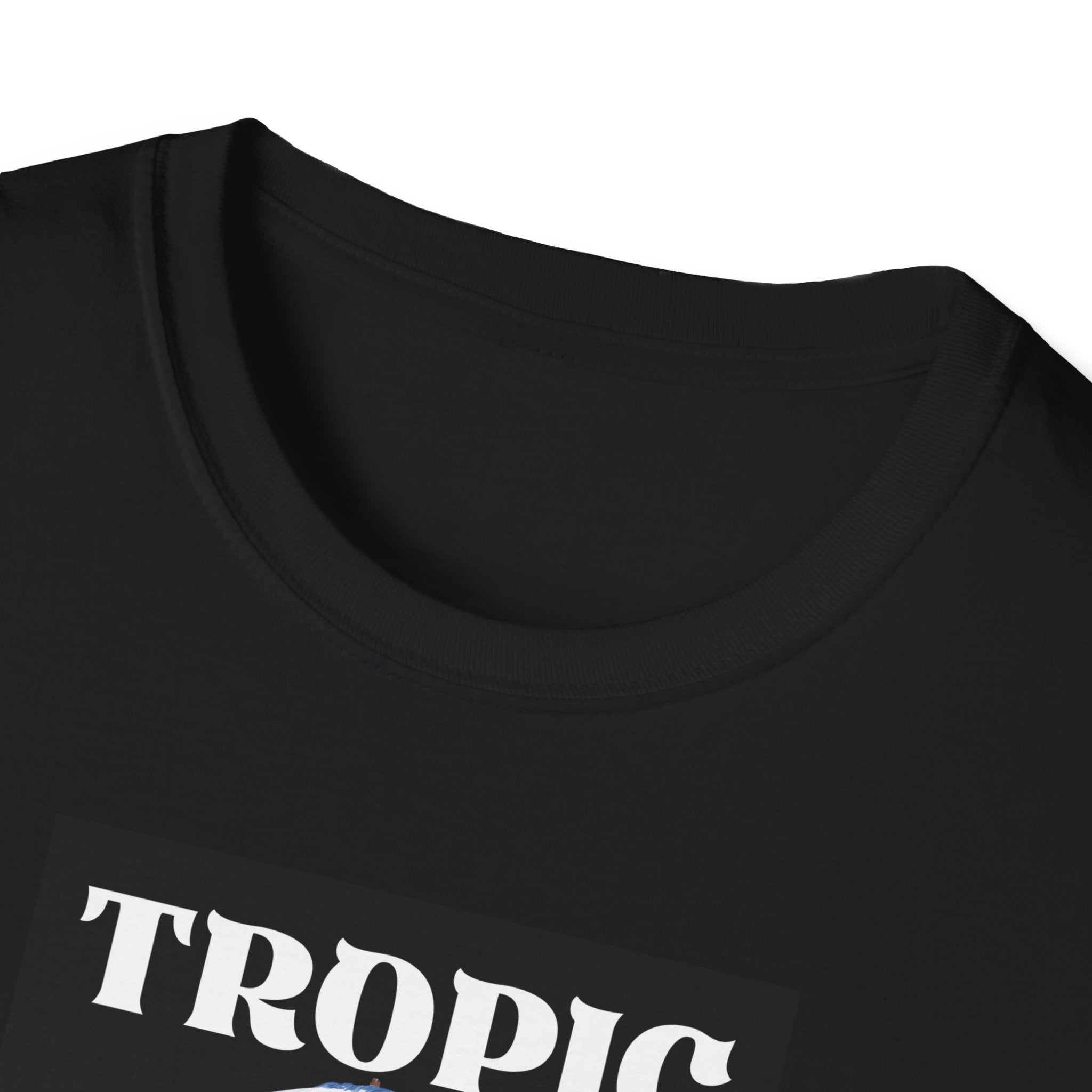 Black T-shirt close-up of neckline and partial "TROPIC" graphic print.