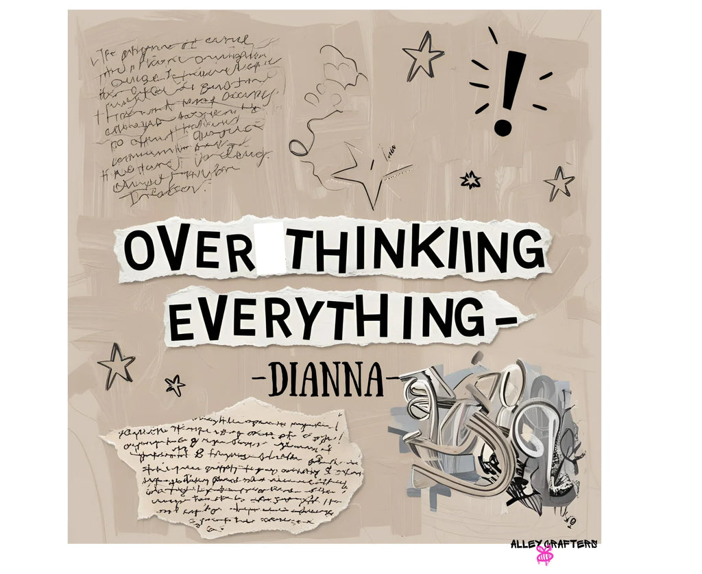 Tote bag quote graphic with bold text 'OVER THINKING EVERYTHING' and doodles