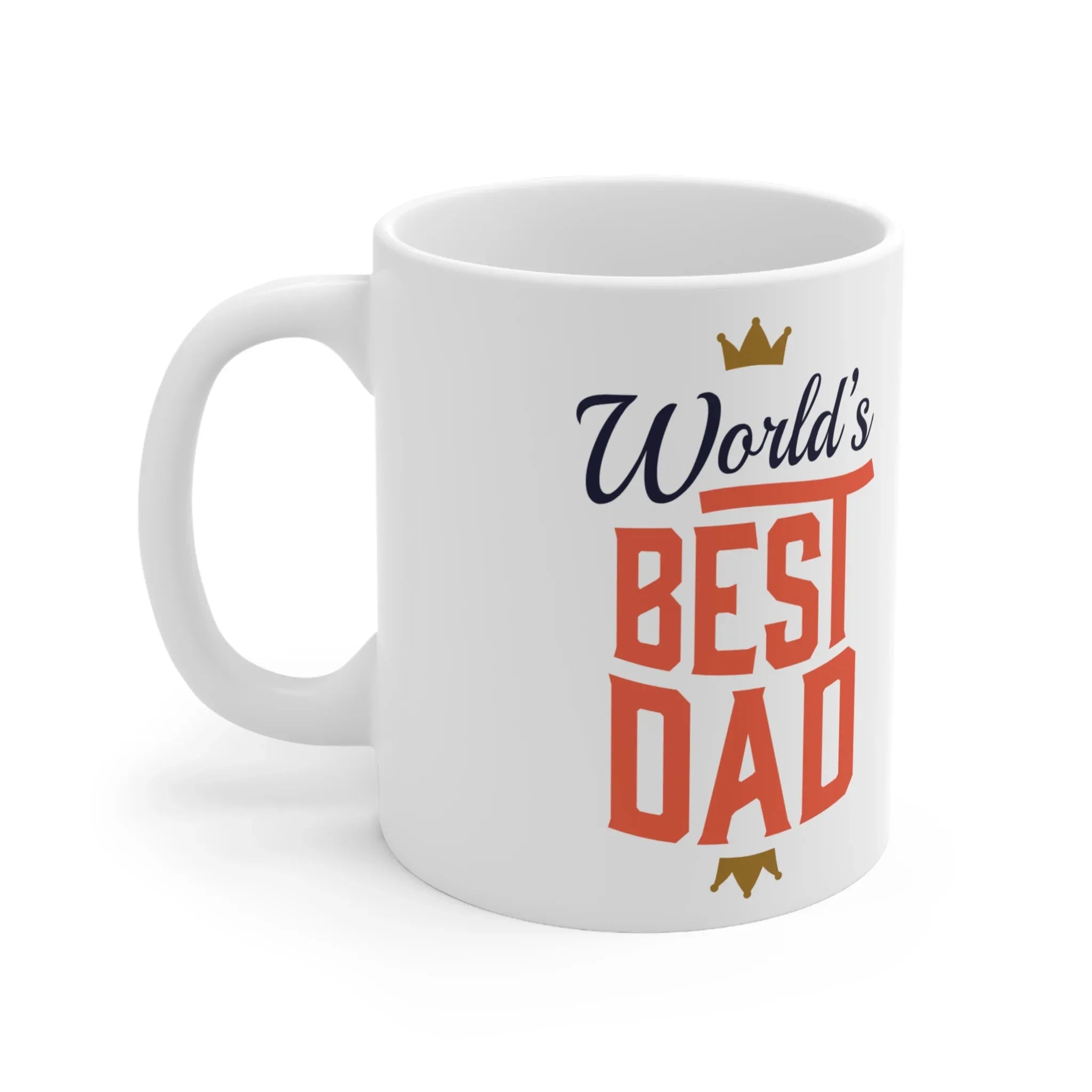 White mug with World's Best Dad crown graphic and red and navy stacked letters.