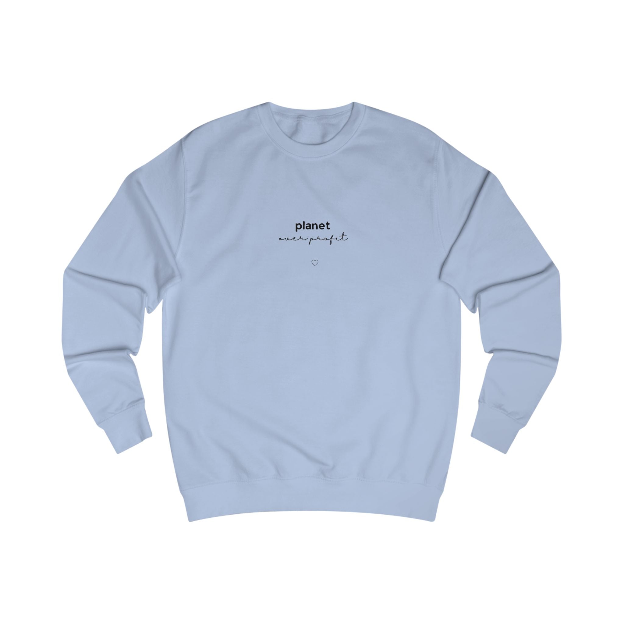 Sky blue sweatshirt with small chest logo and heart emblem