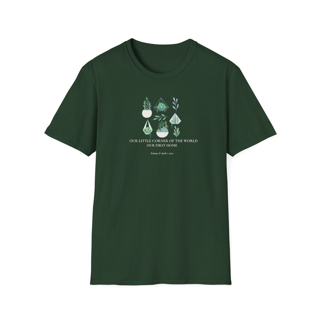 Dark green botanical t-shirt with illustrated plants in green and white, centered text