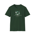 Dark green botanical t-shirt with illustrated plants in green and white, centered text