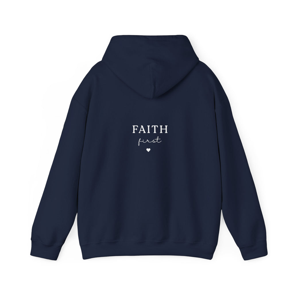 Navy unisex hoodie sweatshirt with front hood and “FAITH first” graphic