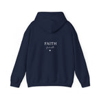 Navy unisex hoodie sweatshirt with front hood and “FAITH first” graphic