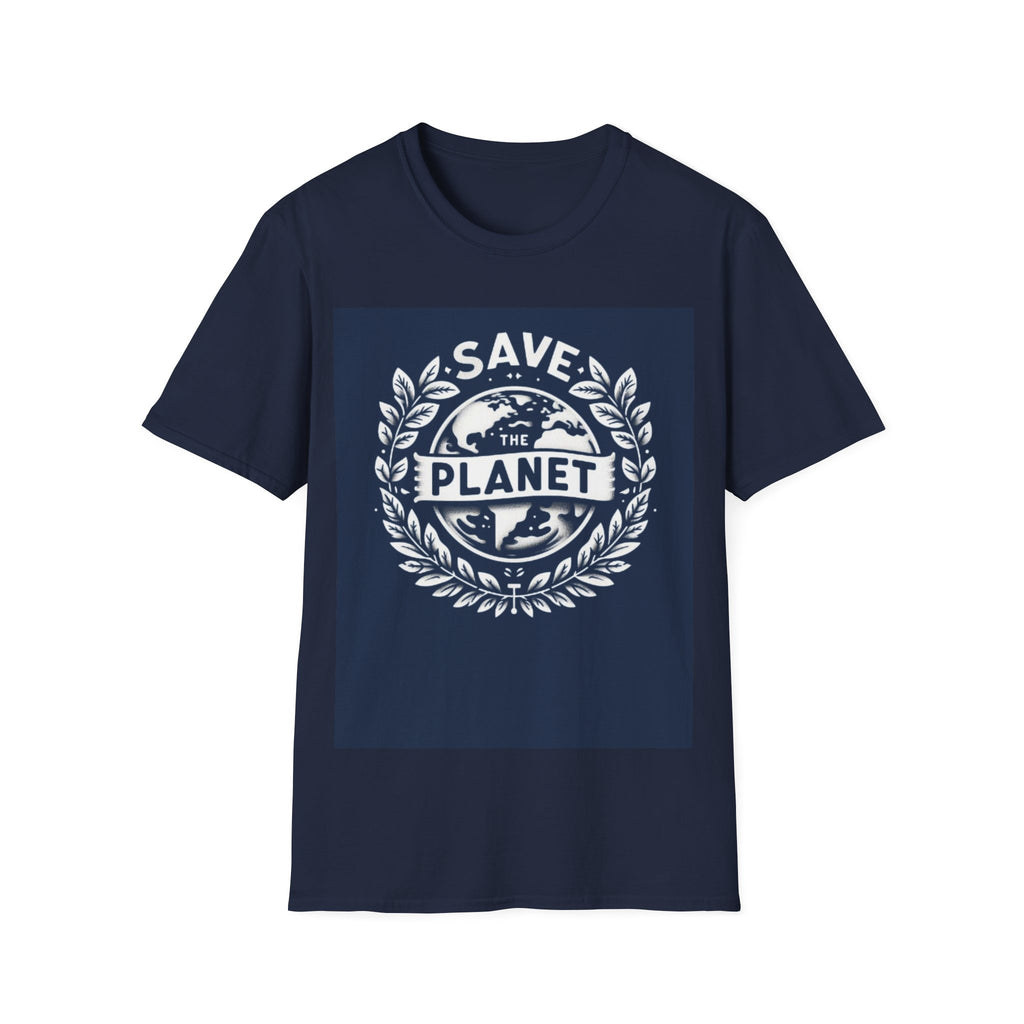 Navy graphic T-shirt with Save the Planet wreath and globe logo print on the chest