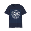 Navy graphic T-shirt with Save the Planet wreath and globe logo print on the chest
