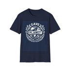 Navy graphic T-shirt with Save the Planet wreath and globe logo print on the chest