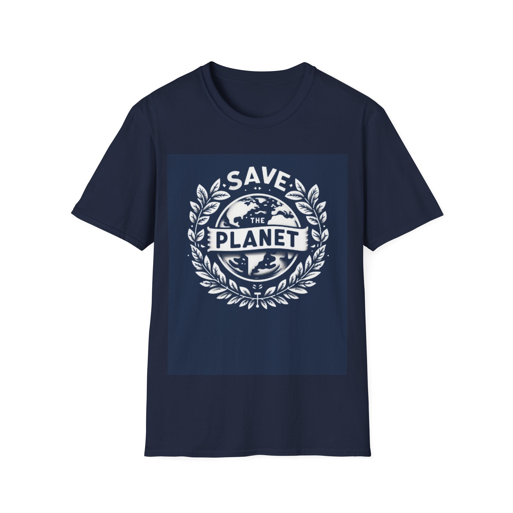 Navy graphic T-shirt with Save the Planet wreath and globe logo print on the chest