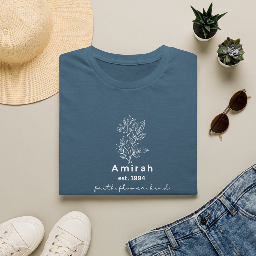 Personalized Floral Name T-Shirt — “Amirah est. 1994” Minimal Botanical Tee