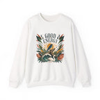 White unisex sweatshirt with botanical “GOOD ENERGY” bird graphic on chest
