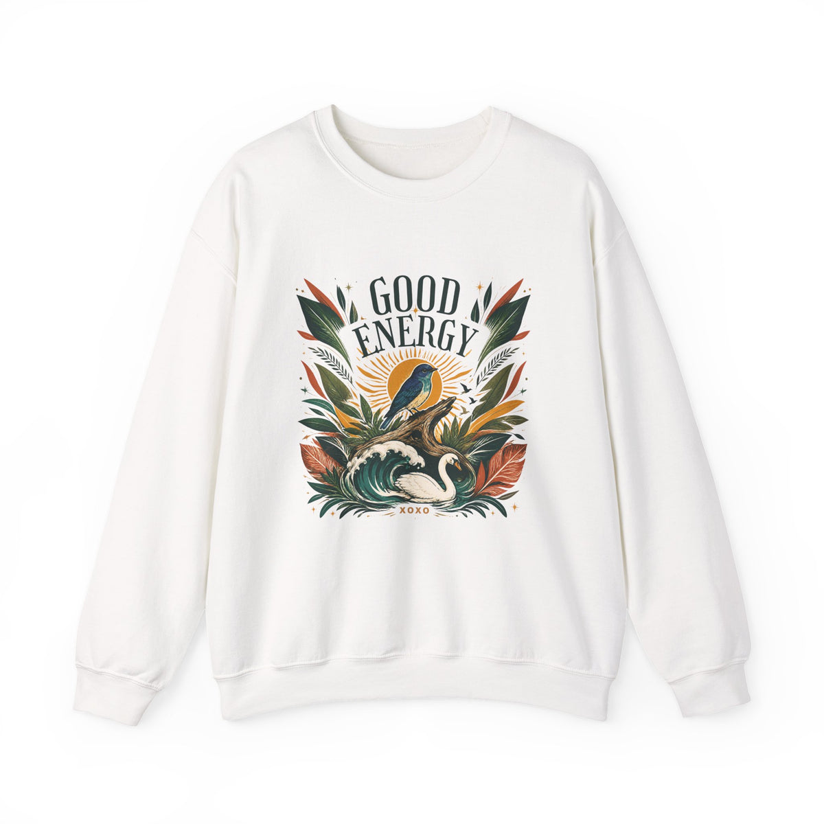 White unisex sweatshirt with botanical “GOOD ENERGY” bird graphic on chest
