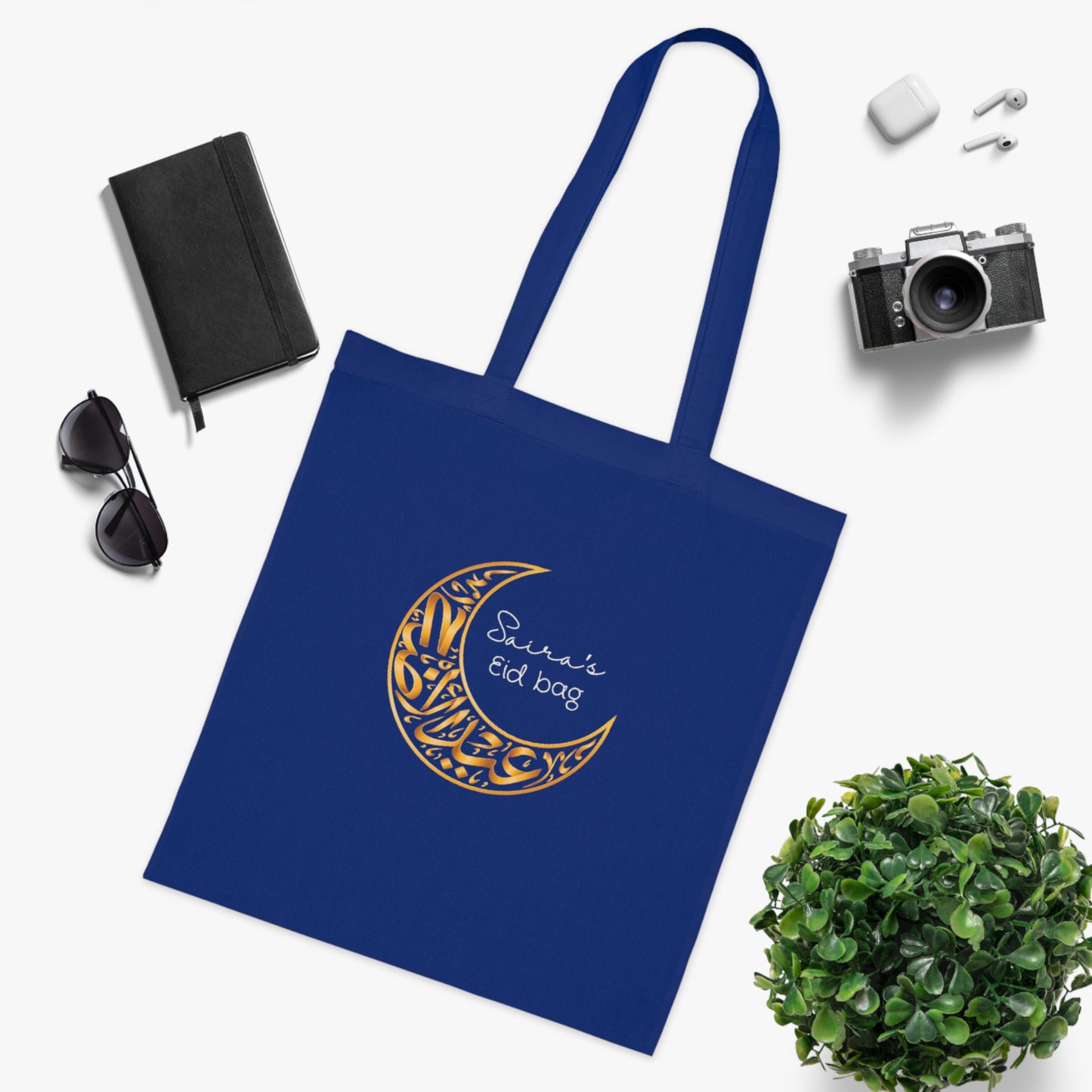 Personalised Eid Tote Bag | Custom Name Gold Crescent Moon Cotton Bag | Islamic Gift