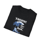 Black T-shirt with chest tropical graphic and text "TROPIC like it's hot."