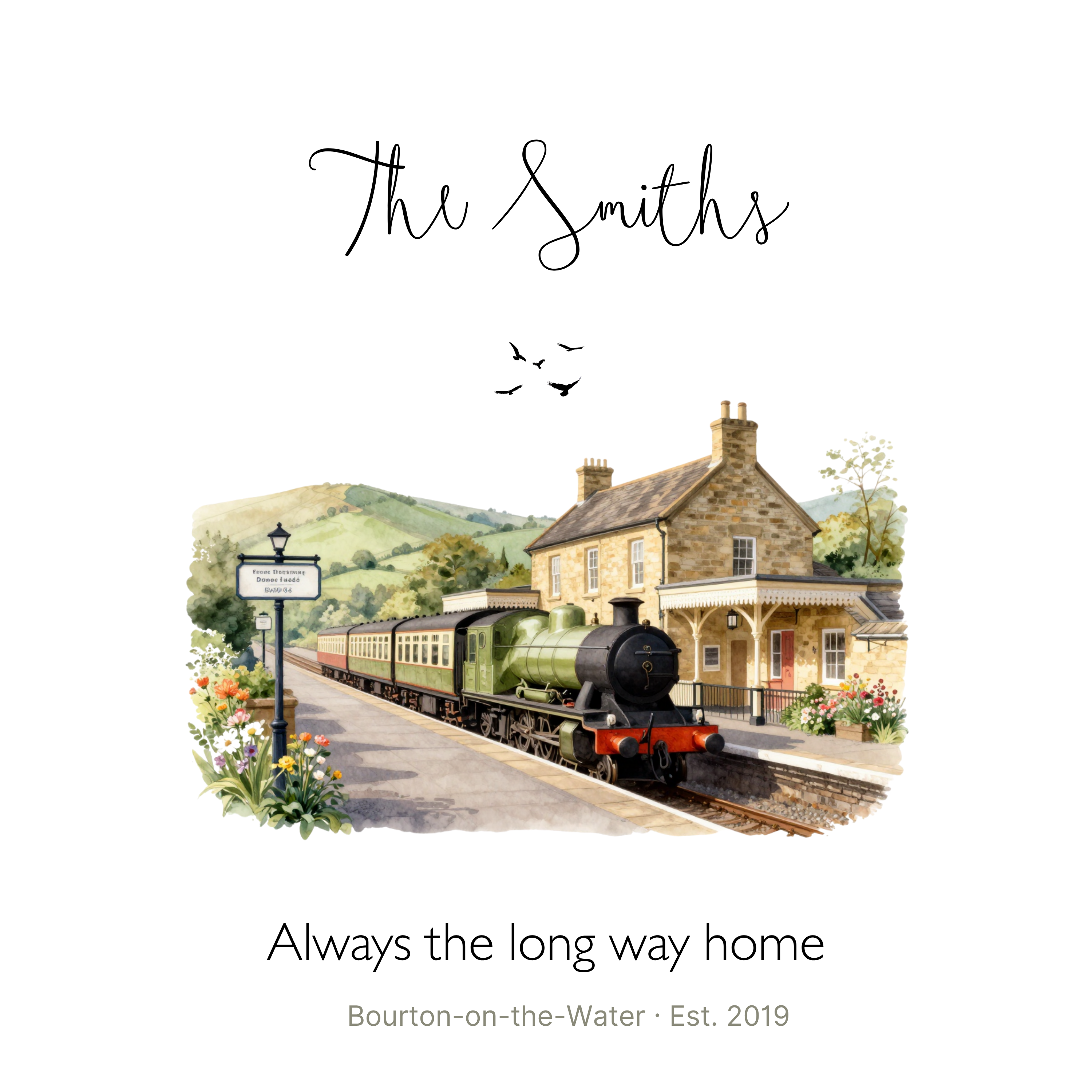 White canvas tote bag with personalized script name and watercolor train station print