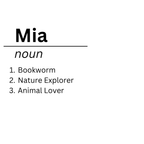 White mug front with 'Mia' heading, 'noun' label, and three definition lines