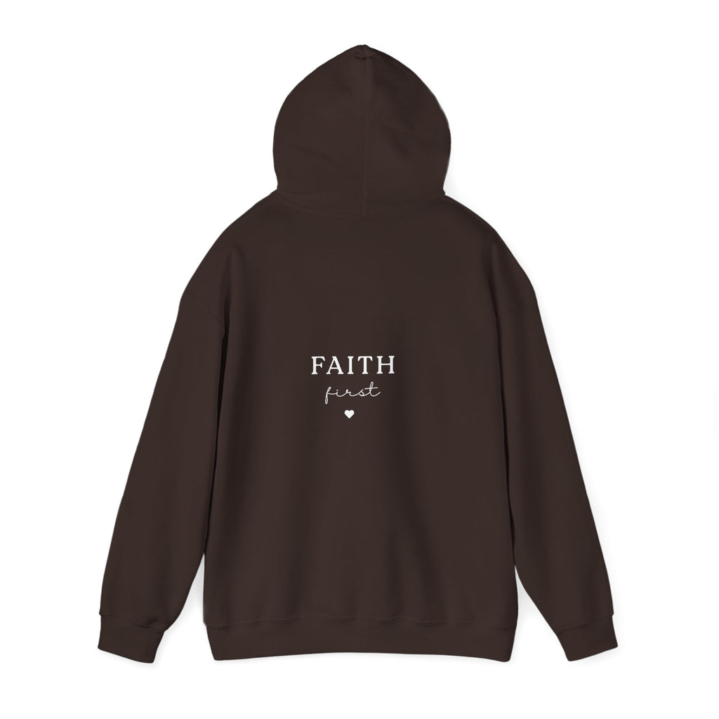 Dark brown hoodie sweatshirt back view with 'FAITH' logo under hood
