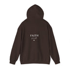Dark brown hoodie sweatshirt back view with 'FAITH' logo under hood