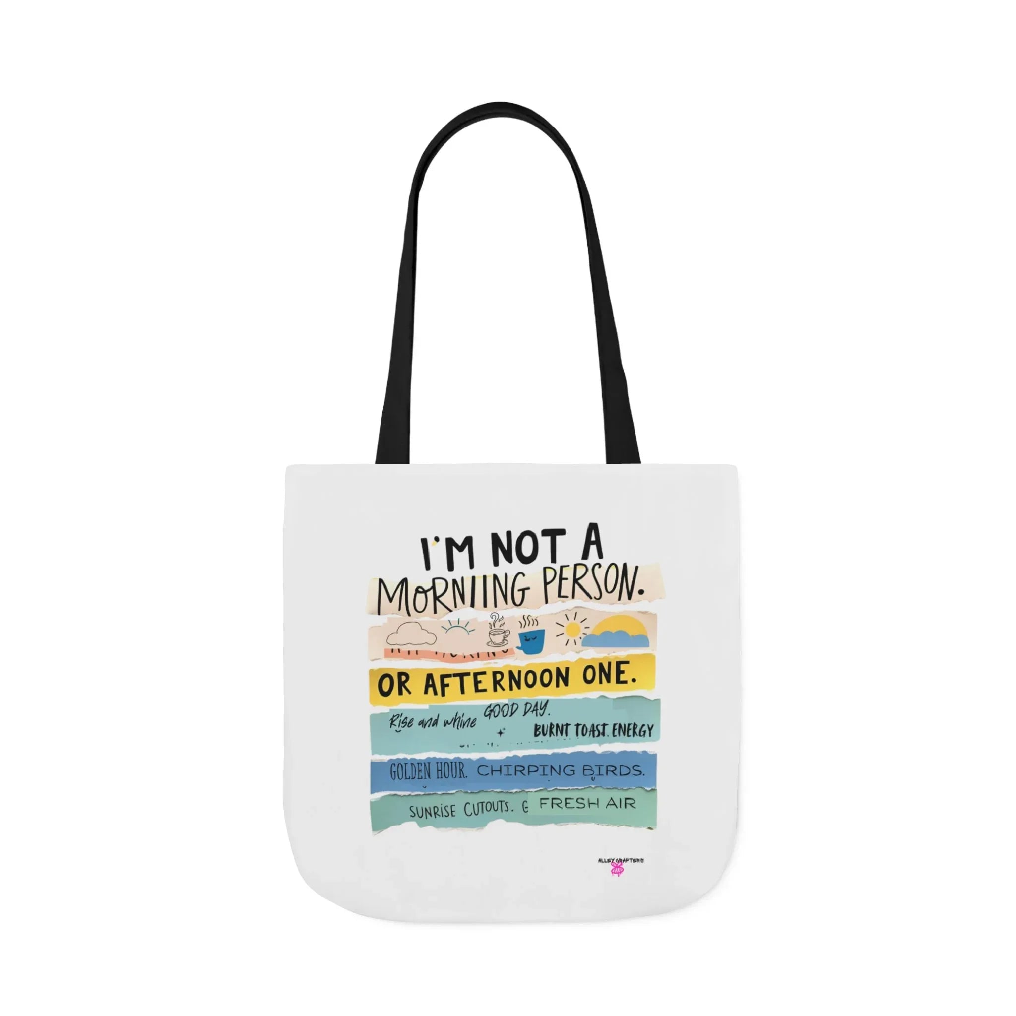 White tote bag with black handles and 'or afternoon one' slogan print