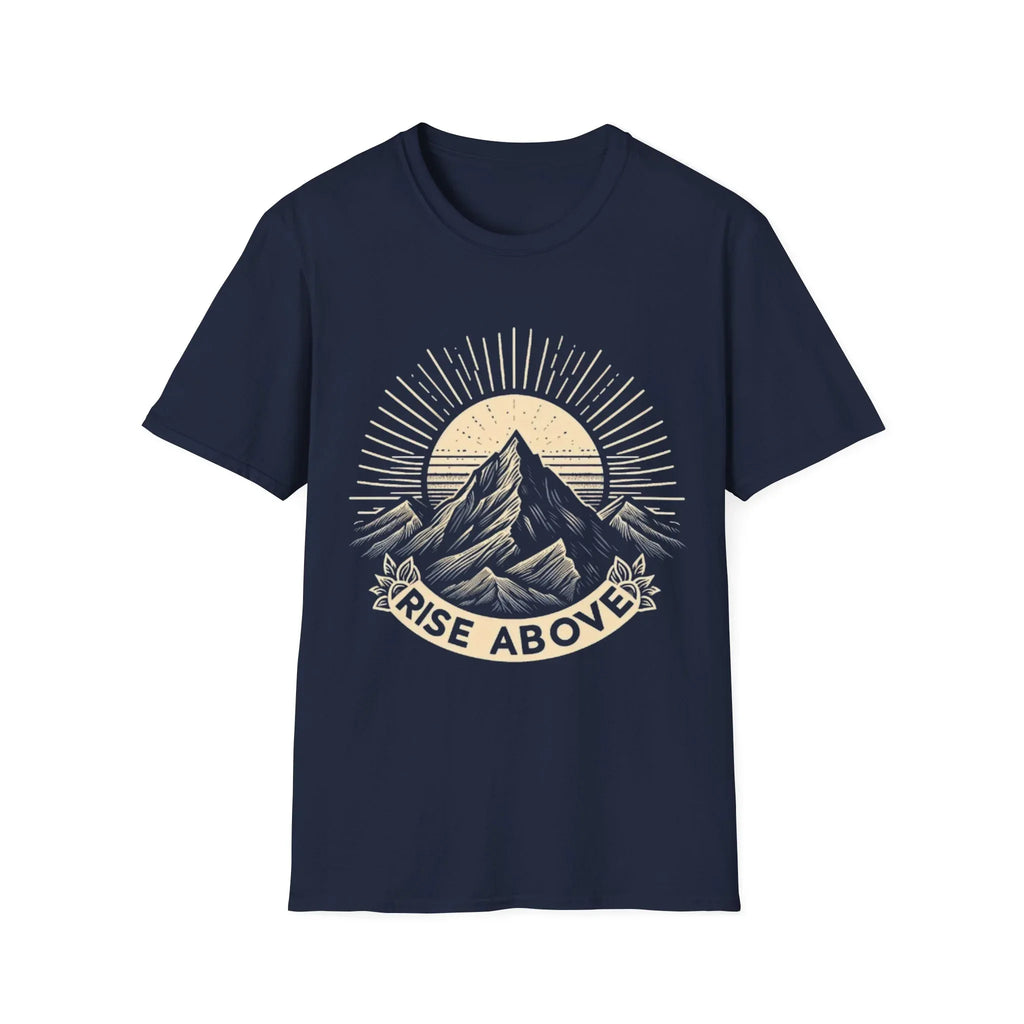 Navy short-sleeve T-shirt with mountain sunrise “RISE ABOVE” graphic