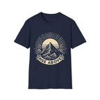 Navy short-sleeve T-shirt with mountain sunrise “RISE ABOVE” graphic