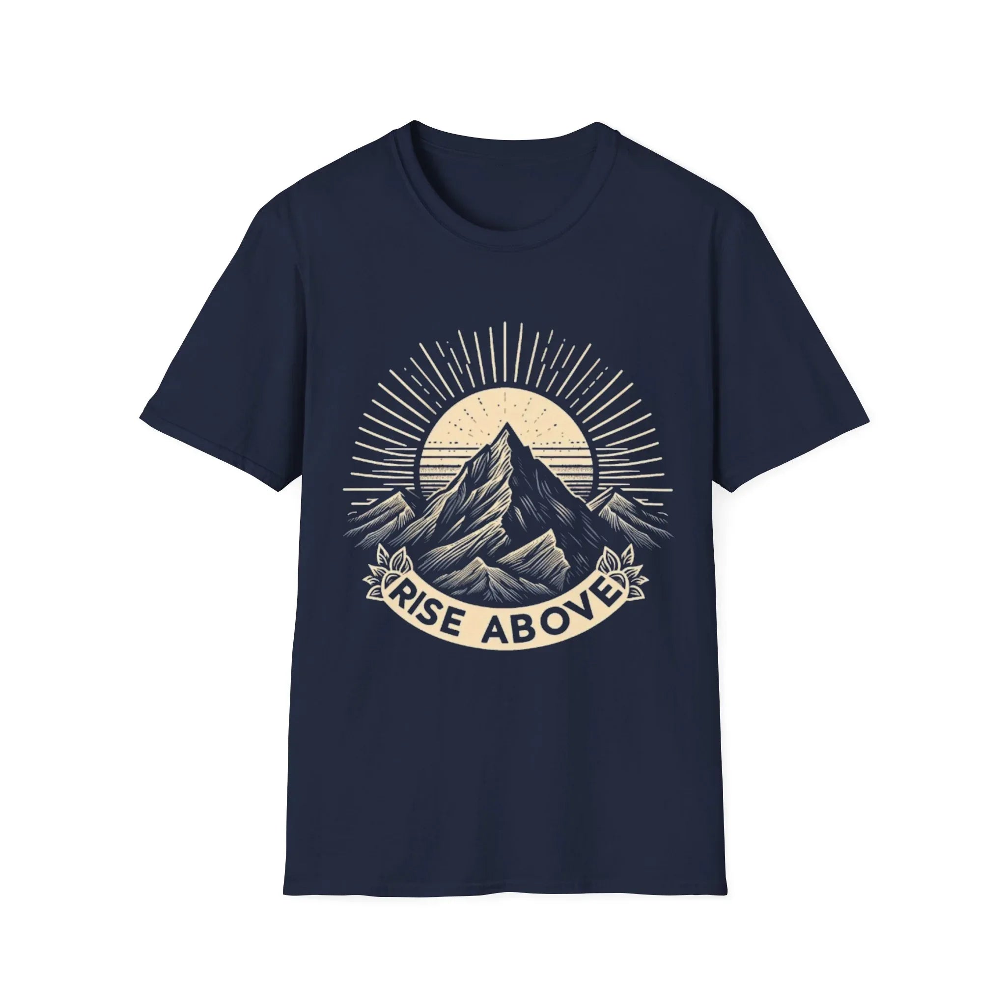Navy short-sleeve T-shirt with mountain sunrise “RISE ABOVE” graphic