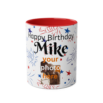 Happy birthday personalised photo and name Two-Tone Coffee Mugs, 11oz