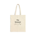Natural canvas tote bag with handles and “The Steward family” text