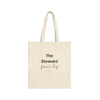 Natural canvas tote bag with handles and “The Steward family” text