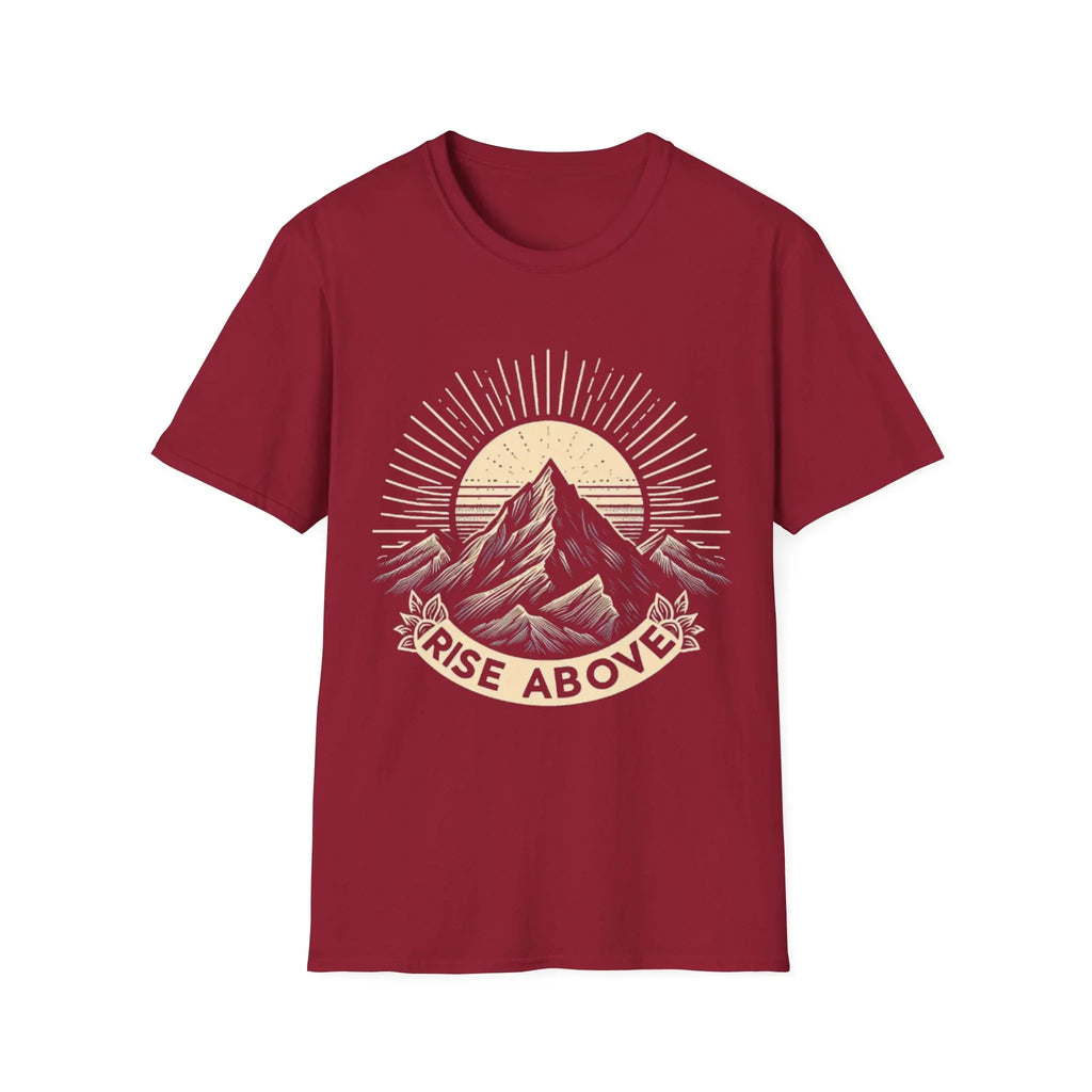 Burgundy short-sleeve T-shirt with mountain sunrise “RISE ABOVE” graphic