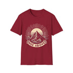 Burgundy short-sleeve T-shirt with mountain sunrise “RISE ABOVE” graphic