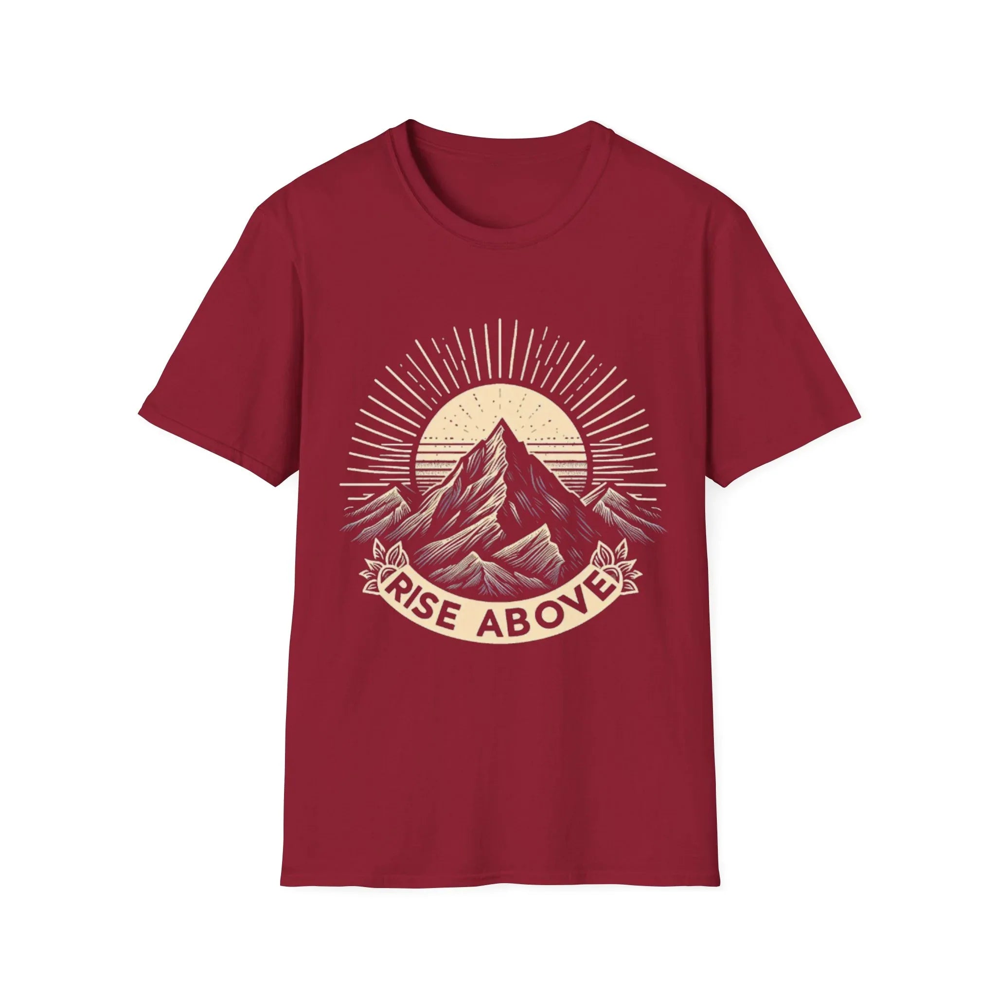 Burgundy short-sleeve T-shirt with mountain sunrise “RISE ABOVE” graphic