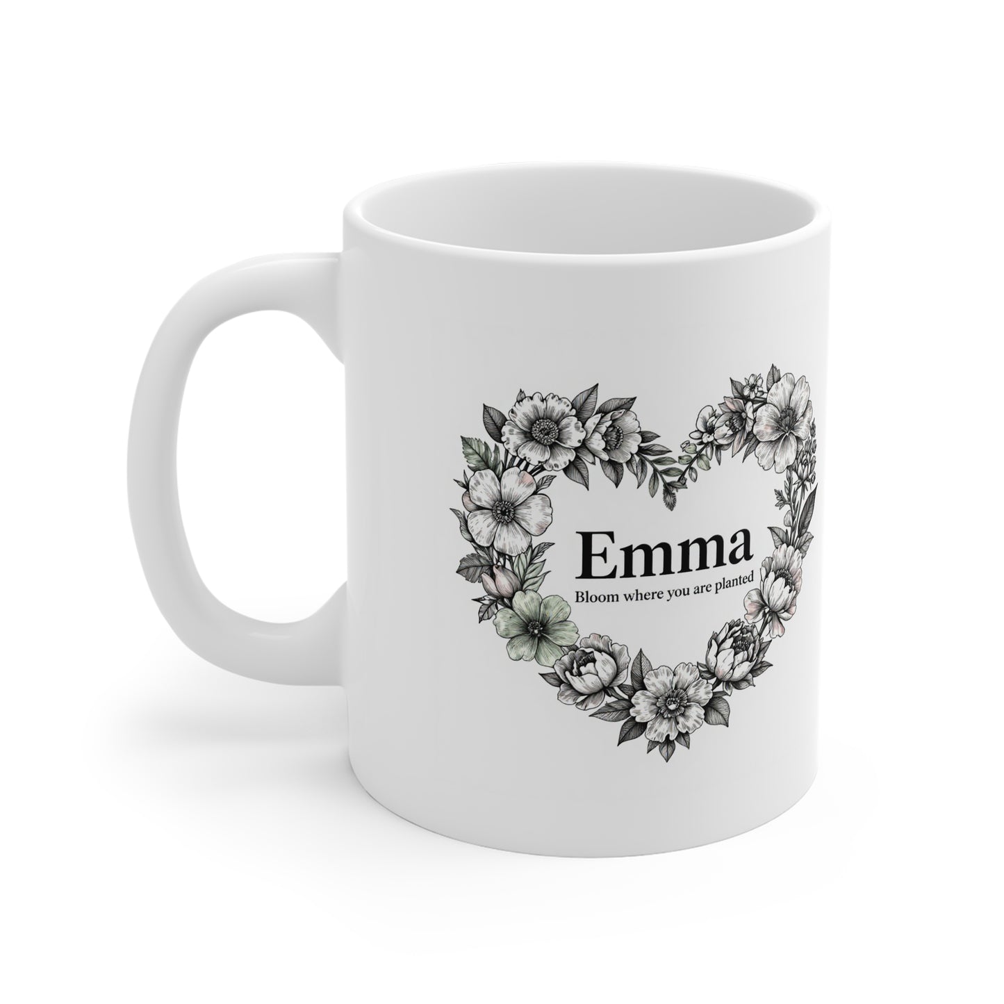 Personalised Floral Heart Mug | Custom Name | Bloom Where You Are Planted Gift