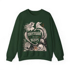 Unisex crewneck sweatshirt in forest green with mermaid 'make waves' front graphic